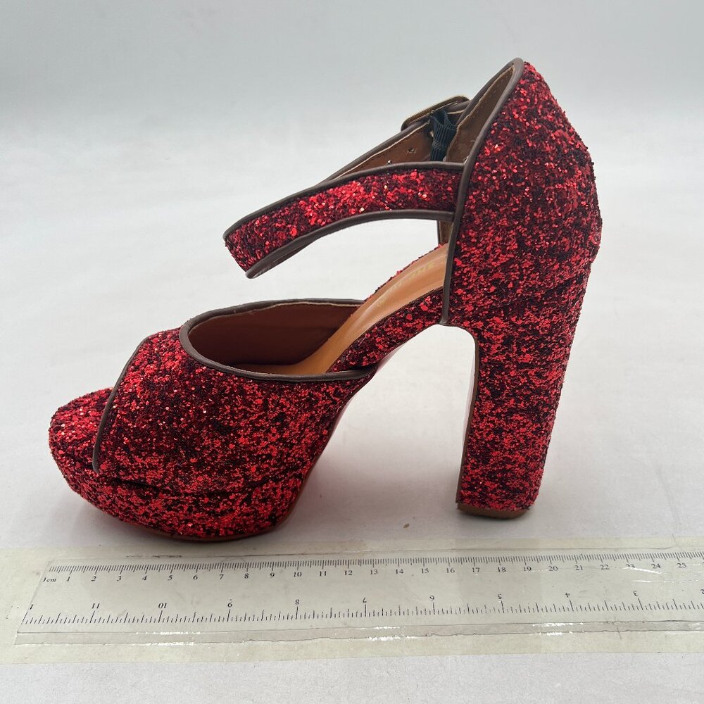 Red Glitter Chunky Heeled Platform Sandals Peep Toe Sexy Summer Ankle Strap Shoe